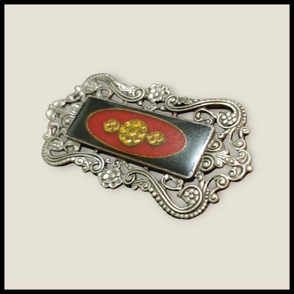 Vintage Silver and Red  Enamel and Resin Brooch - Picture 4 of 6